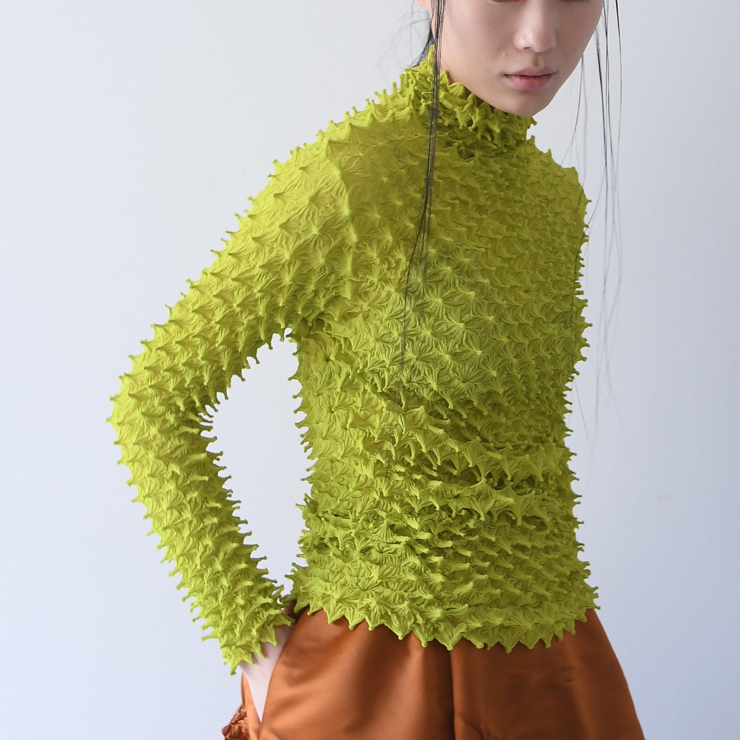 Spiky Shibori Long Sleeve Turtleneck Top - Chiffon