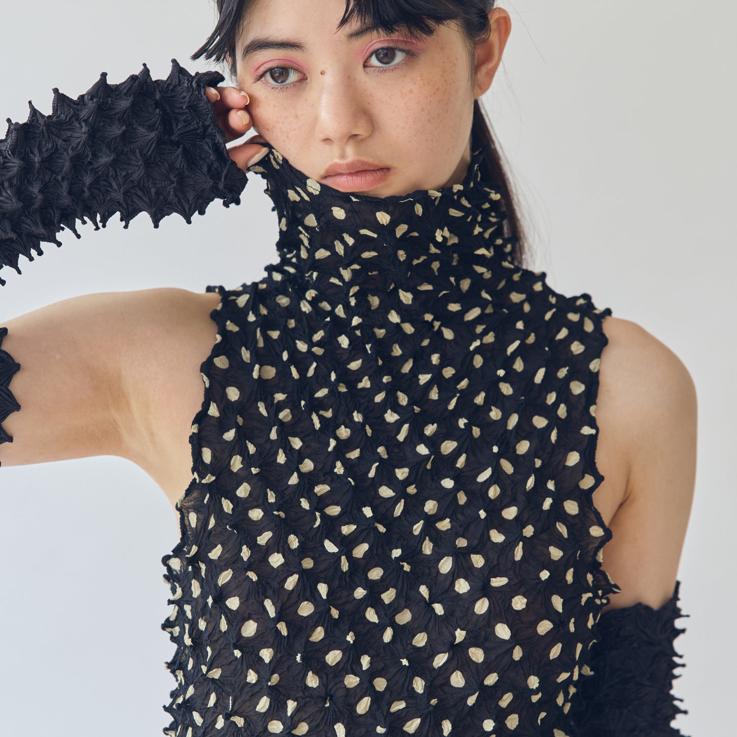Spiky Shibori Sleeveless Top -  Chiffon, Dot Patterns