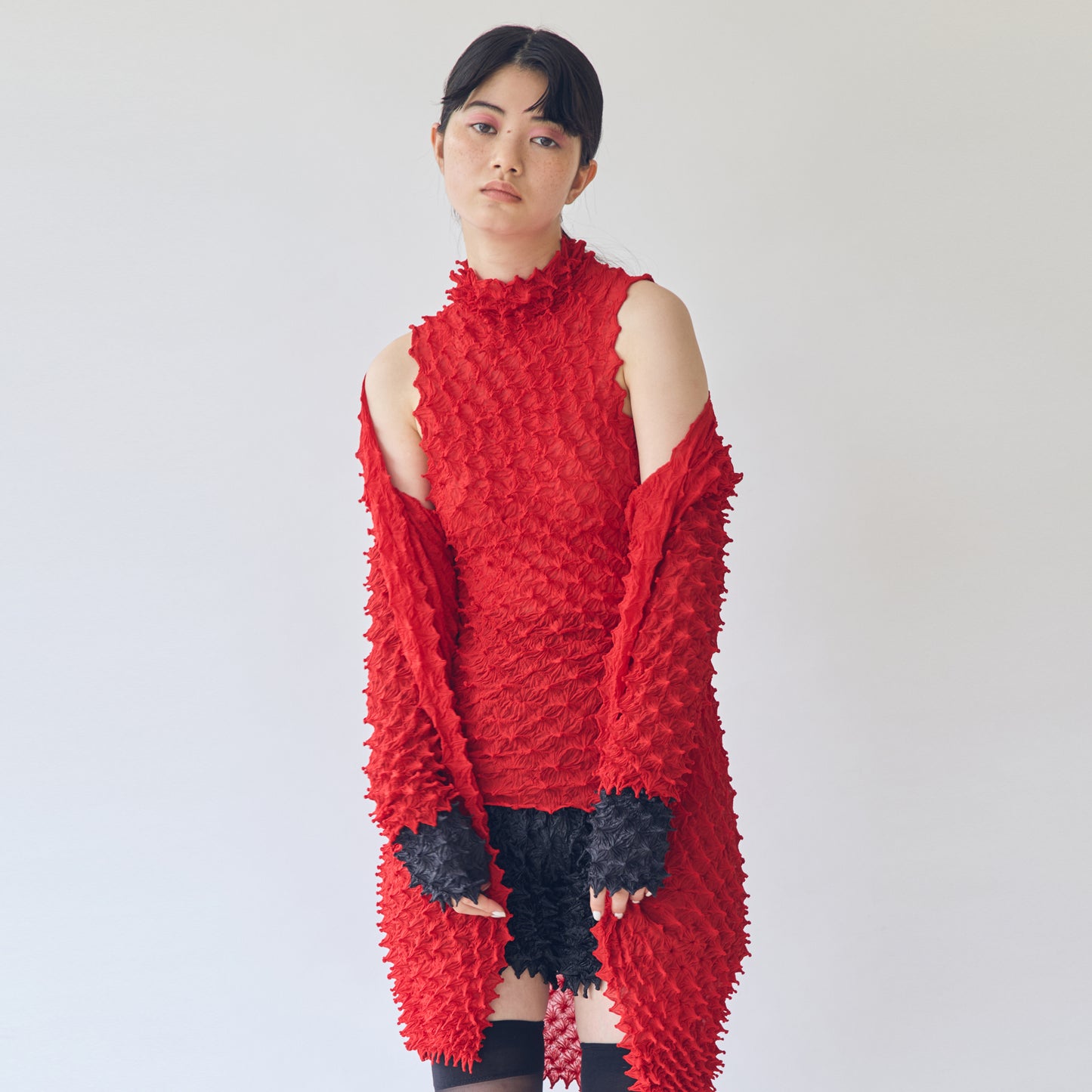 Spiky Shibori Sleeveless Turtleneck Top - Chiffon, Solid Color