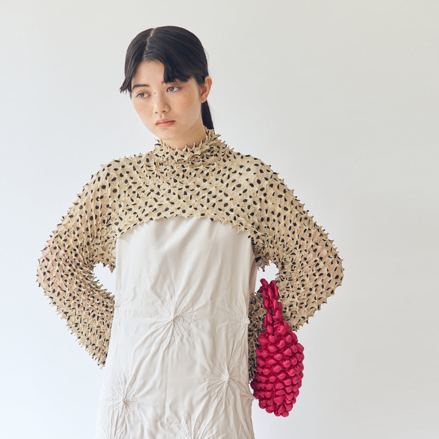 Spiky Shibori Super Crop Top with Bell Sleeves - Dot Pattern Chiffon
