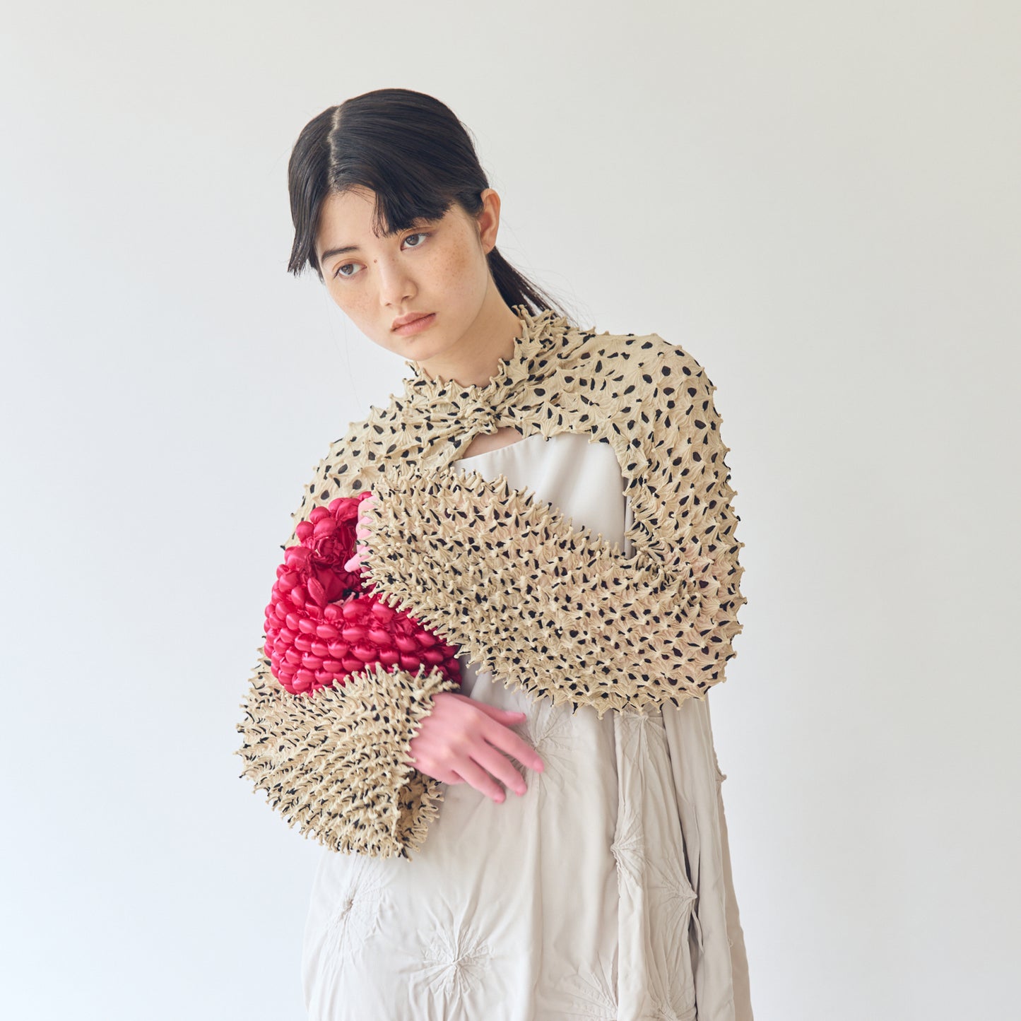 Spiky Shibori Super Crop Top with Bell Sleeves - Dot Pattern Chiffon