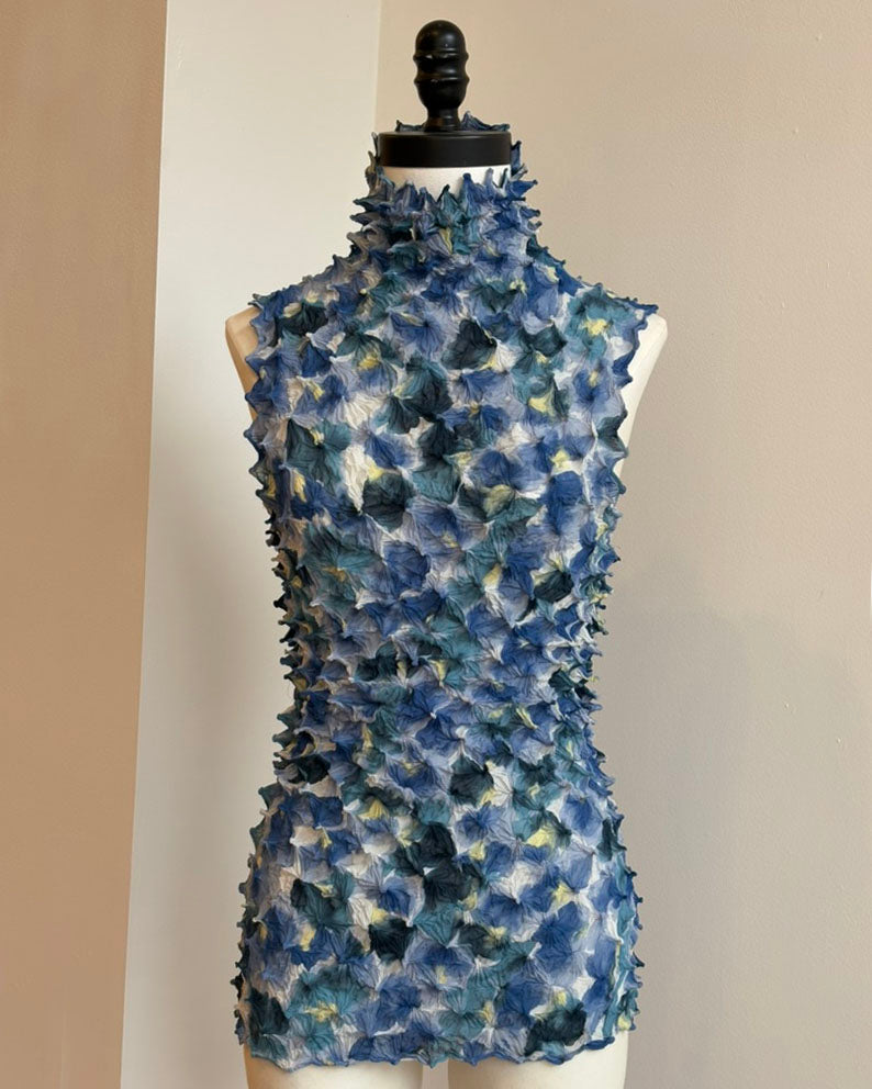 Spiky Shibori Sleeveless Turtleneck Top - Chiffon, Random Dye