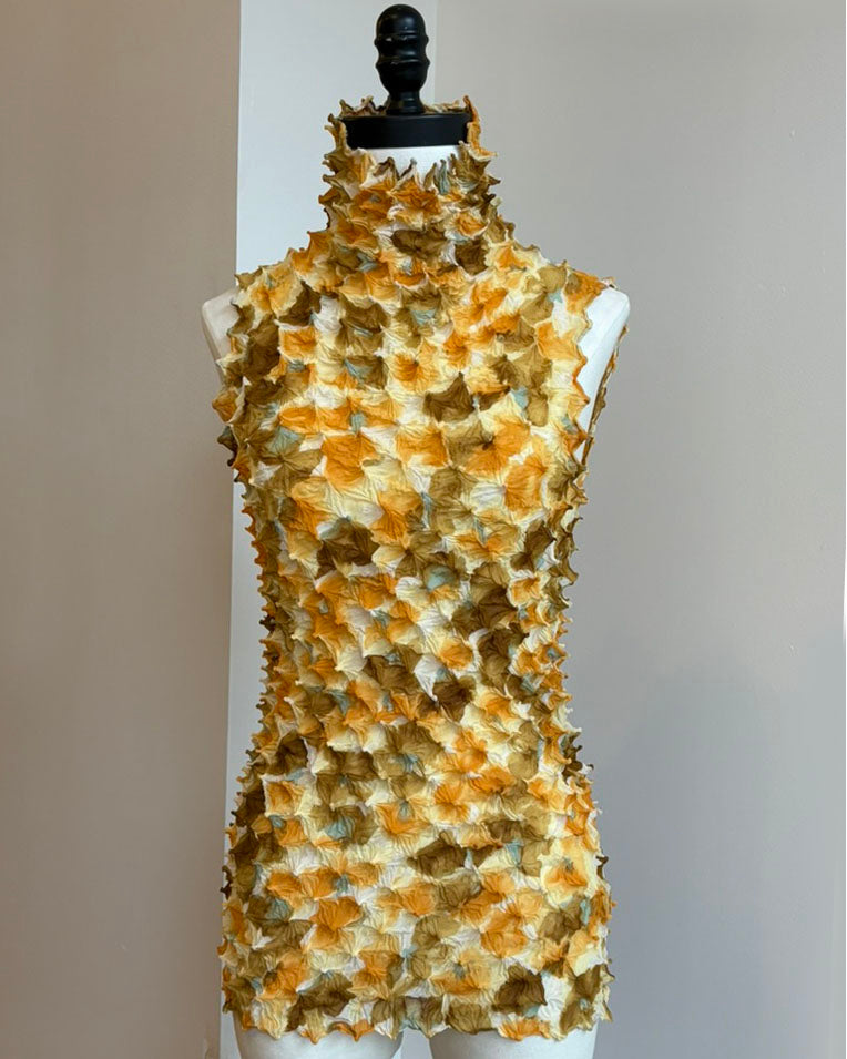 Spiky Shibori Sleeveless Turtleneck Top - Chiffon, Random Dye
