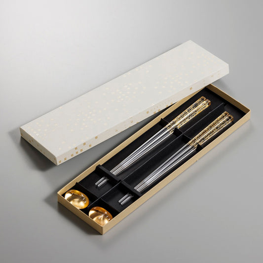 Gold and Clear set of two pairs of Chopsticks and Chopstick Rests
