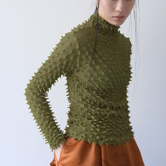 Spiky Shibori Long Sleeve Turtleneck Top - Chiffon