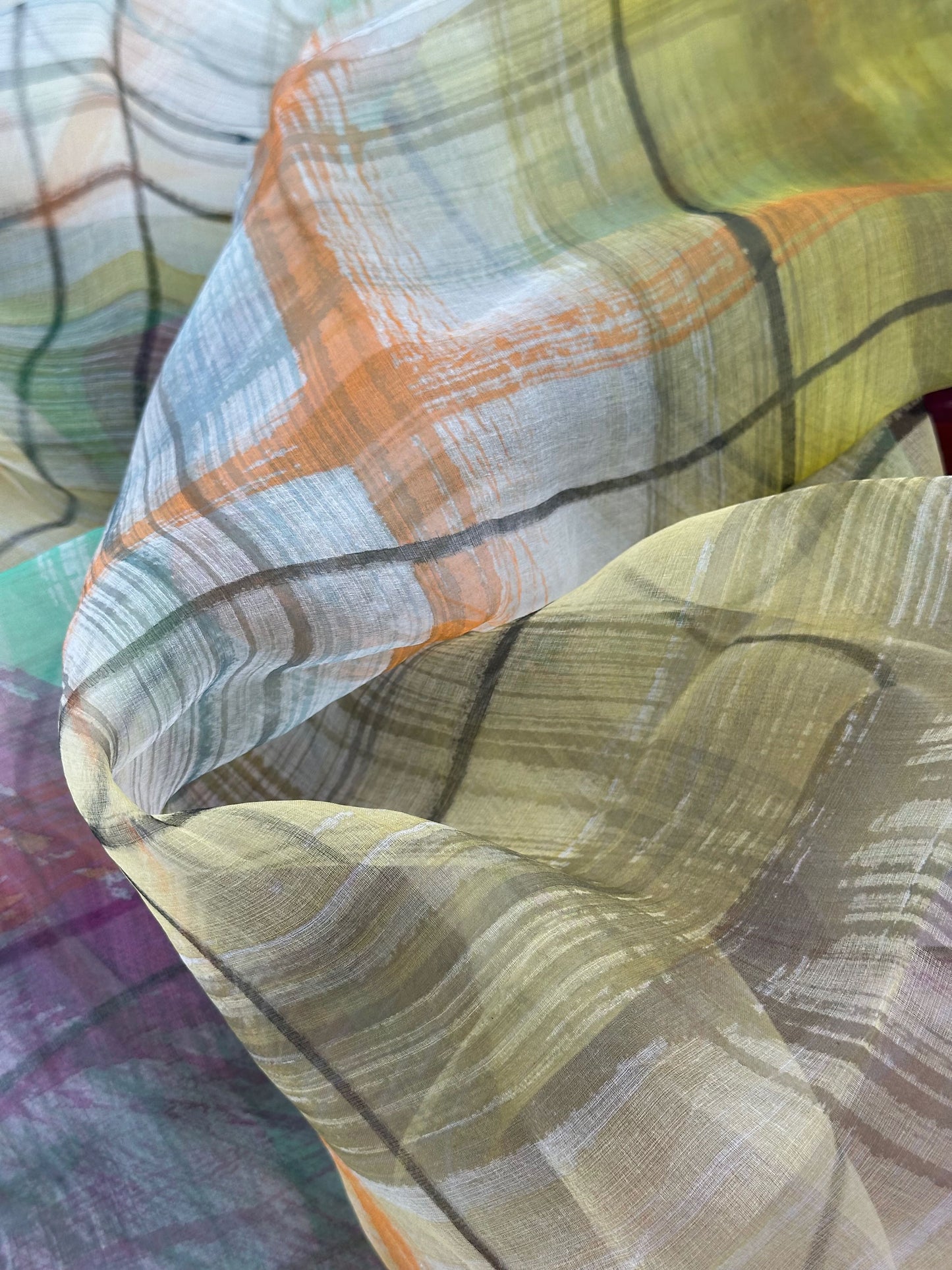 Silk Organdy Stole - Hand Brushstroke Multicolor Plaid #07