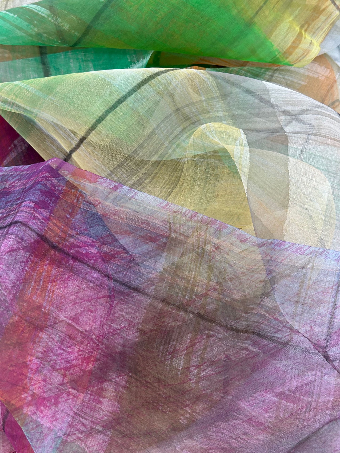 Silk Organdy Stole - Hand Brushstroke Multicolor Plaid #07