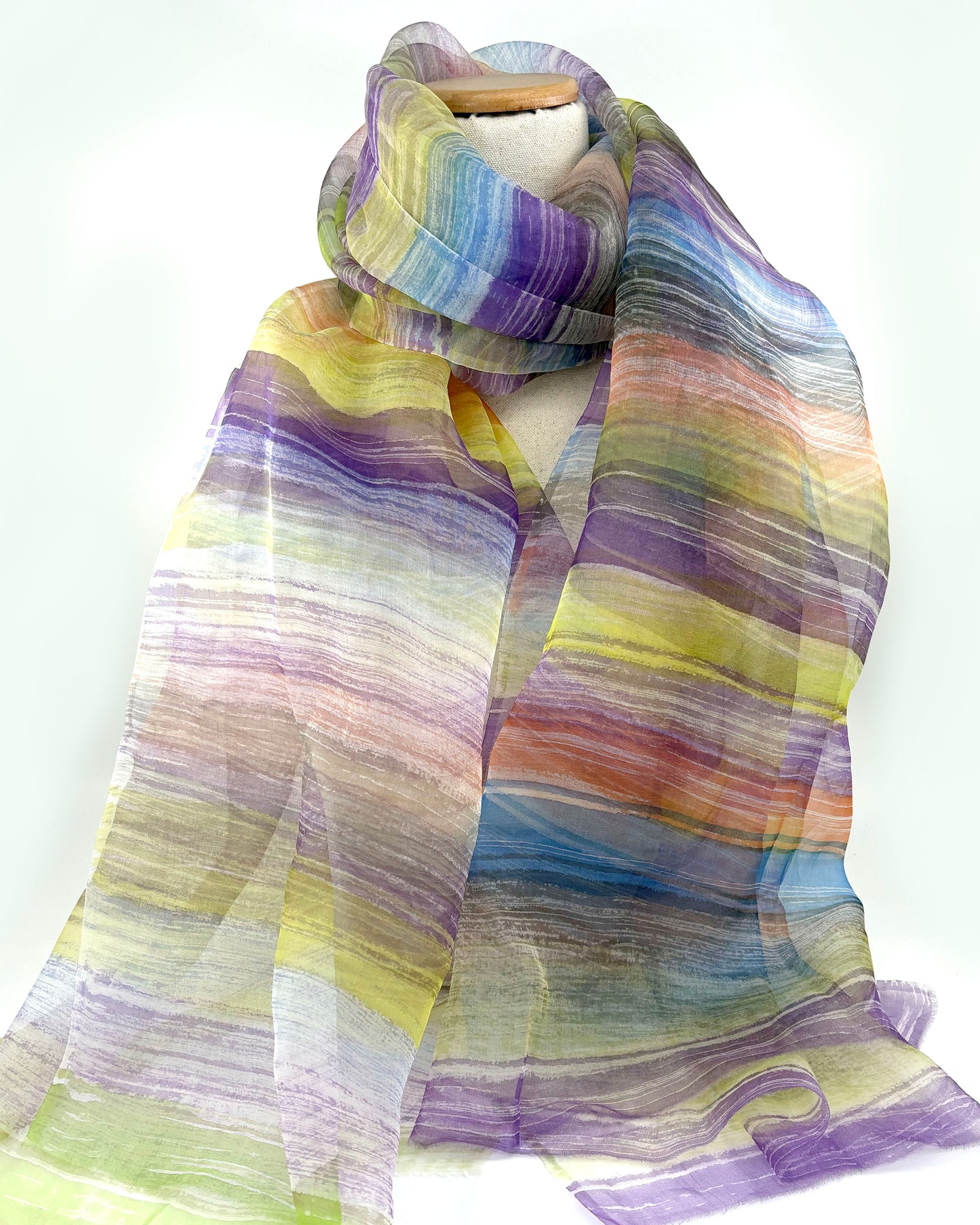 Silk Organdy Stole - Hand Brushstroke Multicolor Stripes #11